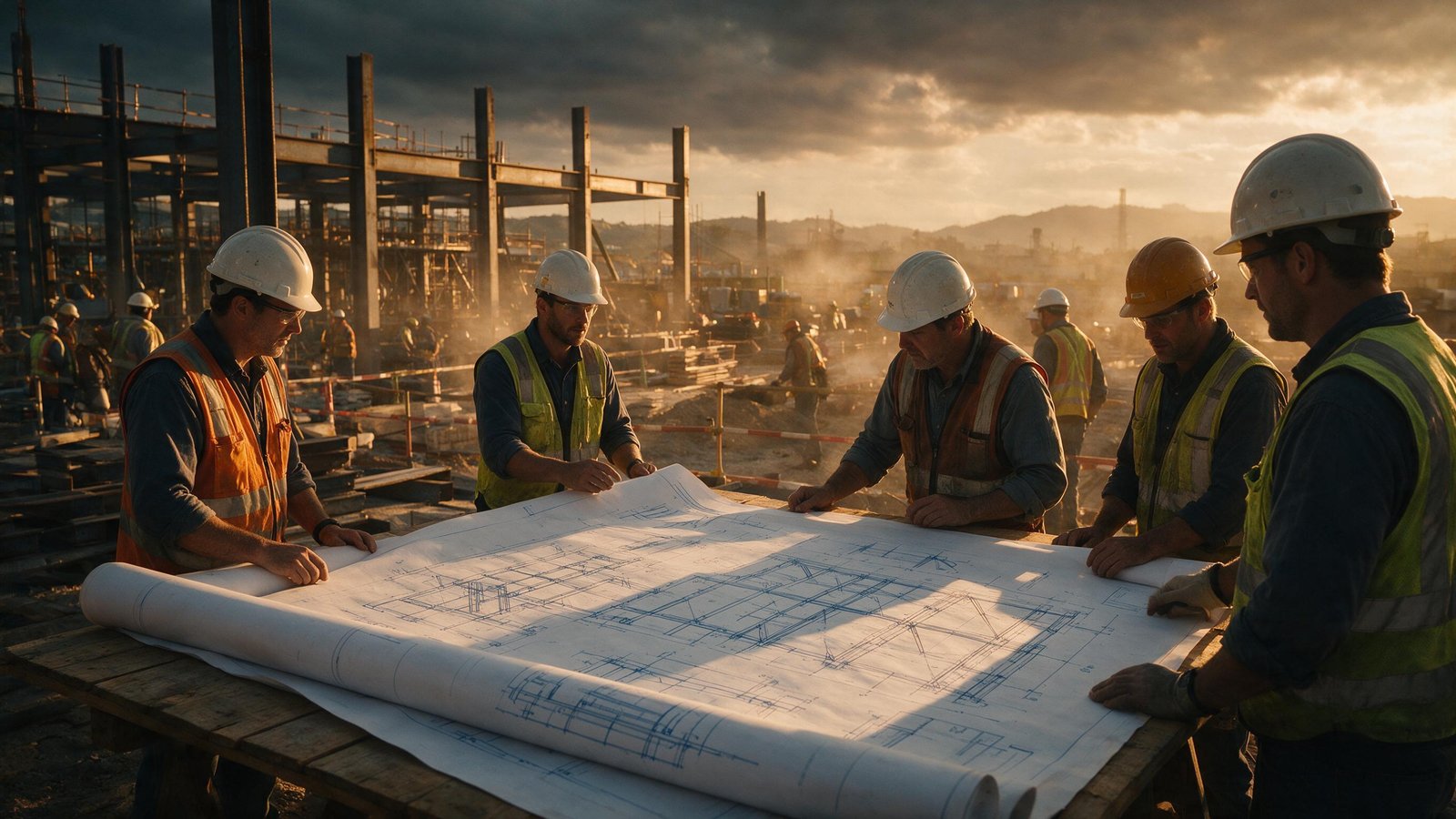 Engineering team reviewing construction plans at industrial site