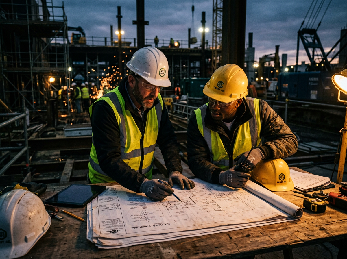 Engineering team at construction site reviewing blueprints