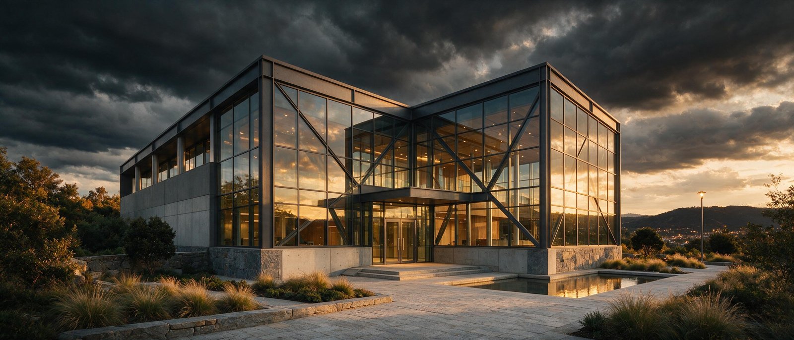 Modern industrial building exterior at golden hour