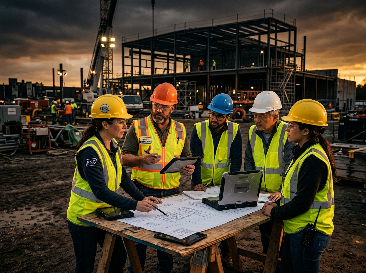 Engineering team collaborating at construction site